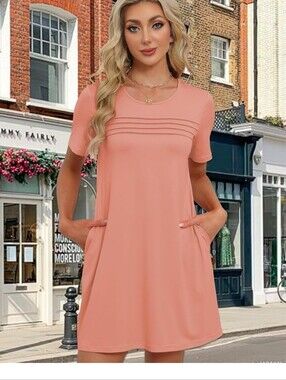 Coral Short Sleeve Pocket Shift Dress